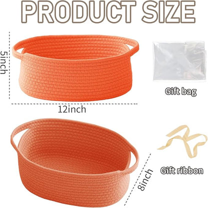 JMvicyroam Woven Basket,Small Rope Storage Bin with Handles & Ribbon Bag, Organizer for Shelves Closets,Gift Basket Empty for Birthday,Books,Dog Toys,Orange