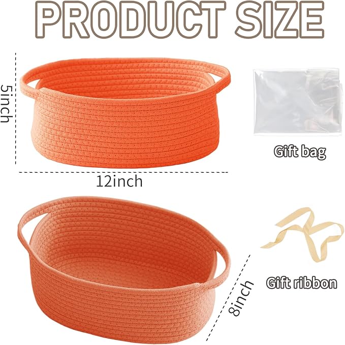 JMvicyroam Woven Basket,Small Rope Storage Bin with Handles & Ribbon Bag, Organizer for Shelves Closets,Gift Basket Empty for Birthday,Books,Dog Toys, Orange/2 Pack