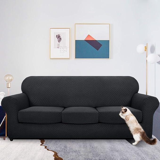 MAXIJIN 4 Piece Jacquard Extra Large Couch Covers for 3 Cushion Couch Super Stretch Non Slip Couch Cover for Dogs Pet Friendly Sofa Slipcover Furniture Protector (Oversized Sofa, Black)