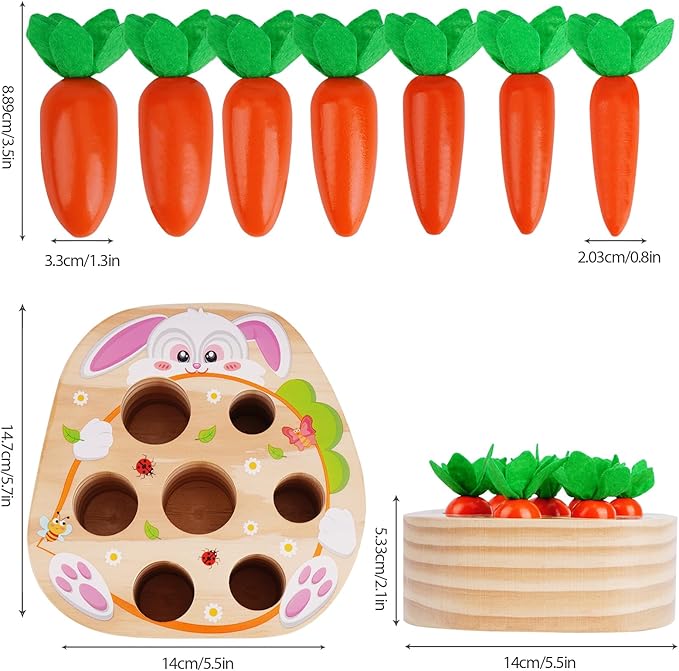 KMTJT Montessori Wooden Carrot Harvest Toy - Shape Sorting & Matching Game for Toddlers 1-3 Years, Fine Motor Skills Development, Educational Easter Birthday Gifts for Baby Boys & Girls (Red)