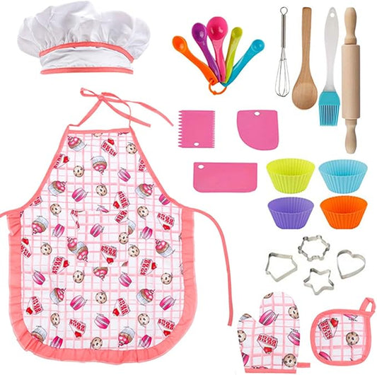 Real Kids Cooking and Baking Set - 24 Pcs Kids Chef Role Play Costume Set Includes Cake Apron, Chef Hat, Cooking Mitt, Utensils, Cupcake Molds for Toddler Boys and Girls Ages 3+