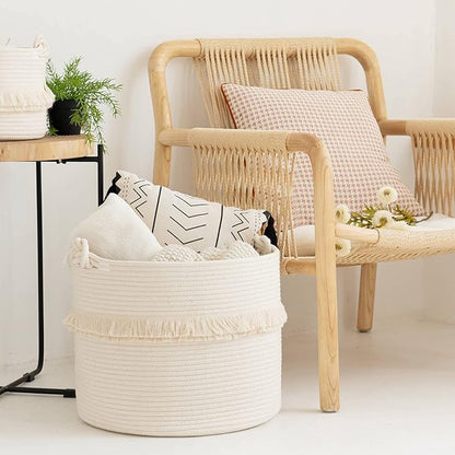 CherryNow Large Woven Storage Baskets – 16'' x 13'' Cotton Rope Decorative Hamper for Nursery, Toys, Blankets, and Laundry, Cute Tassel Nursery Decor - Home Storage Container Off-white