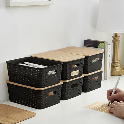 Bagnizer Small Plastic Storage Bins with Bamboo Lids 5.2qt Stackable Box Basket Pantry Decorative Containers Cute with Lable for Organizing Desktop Closet Office Black of 6 packs 10 * 7.2 * 4.1'’