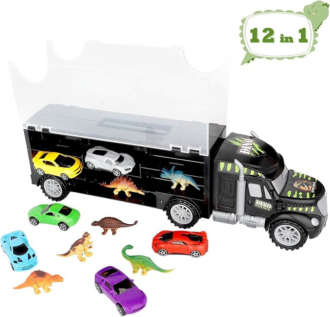 Aokesi Car Toys Transport Carrier Truck Dinosaur Toys for 3-12 Years Old Boys and Girls (Includes 6 Dinosaurs and 6 Mini Car)