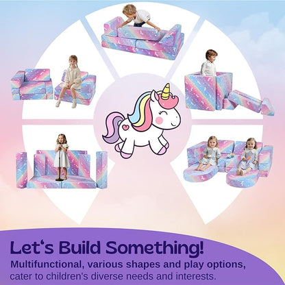 MeMoreCool Toddler Couch, 10-Piece Modular Play Sofa for Playroom, Fold Out Kids Couch for Girl Boy, Glow Rainbow