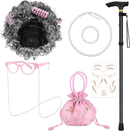 9 PCS 100 Days of School Old Lady Wig Set Include Wig Glasses Necklace Bracelet Glasses Chain Bag Cane and Stickers
