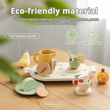 Tea Party Set for Little Girls, Silicone & Wooden Tea Set for Toddler with Silicone Teapot Cups Carrying Tray Scoop, Pretend Play Accessories Kids Kitchen Wooden Toys for 3 4 5 6 Year Old (Green)