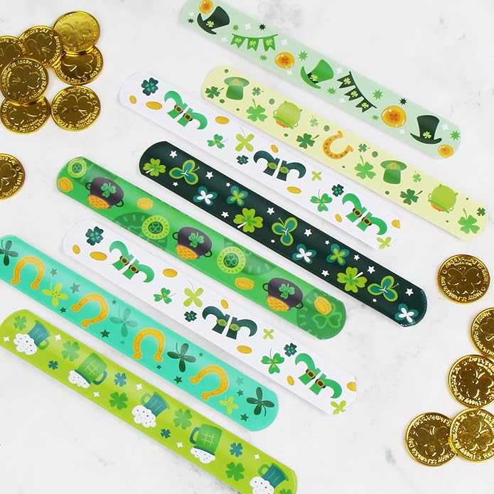 KIMOBER 48PCS St. Patrick's Day Slap Bracelets,Green Snap Wristbands with Sharmrock Cauldron for Kids Party Favors