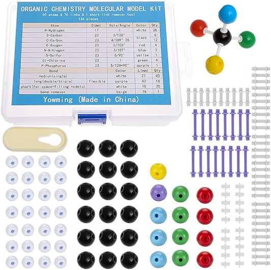 Jingzan 136 Pieces Organic Chemistry Model Kit, Chemistry Molecular Model Kit Set for Student or Teacher - 59 Atoms & 76 Bonds & 1 Short Link Remover Tool - Science Toys