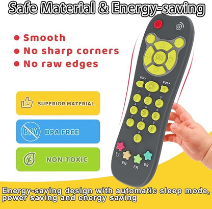 Baby Remote Toy, Toddlers TV Remote Control Toy Kids Realistic Play Remote Early Educational Baby Musical Toys with Light and Sound English French Spanish for Proshool Boys Girls 6 Month+, Gray