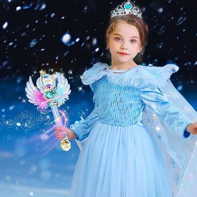 Light Up Snowflake Wand with Spinning LEDs and Sound Magic Princess Toys for Kids Girls Birthday Cosplay Party Favors, Blue