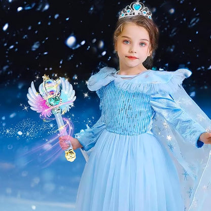 Light Up Snowflake Wand with Spinning LEDs and Sound Magic Princess Toys for Kids Girls Birthday Cosplay Party Favors, Blue