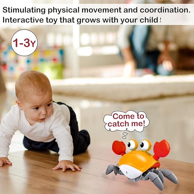 Plnmlls Crawling Crab Baby Toy - Tummy Time Toys-with Music and LED Light,Built-in Rechargeable Battery and Volume Can be Turned Off for 0-6 6-12 12-18 36 Months Walking Toddler Birthday Gift(Orange)