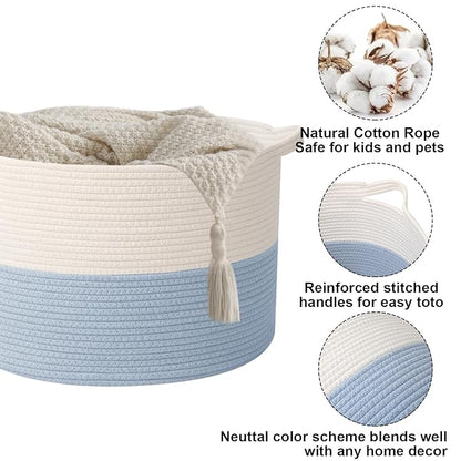 90L Large Blanket Basket,21.7"L x 21.7"W x 13.8"H Rope Woven Baskets with Handles, Toys Storage Bins,Laundry Basket Perfect for Living Room, Nursery,Bedroom,Home Organization,White&Blue