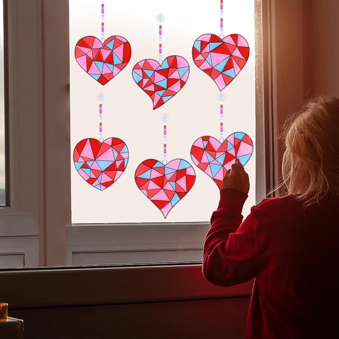 Qyeahkj 32 Sets Valentine's Day Suncatcher Crafts Kit for Kids DIY Heart Window Paint Suncatcher Arts Crafts Valentines Window Ornament Decor for Valentine's Day Gift Classroom Art Project Gift Favor