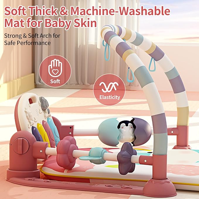 Jovow Baby Gym with Musical Piano,Baby Play Mat Tummy Time Baby Activity Gym Mat with 5 Infant Learning Sensory for Baby, Music and Lights Boy or Girl for Newborn（Pink）