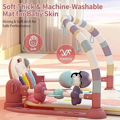 Jovow Baby Gym with Musical Piano,Baby Play Mat Tummy Time Baby Activity Gym Mat with 5 Infant Learning Sensory for Baby, Music and Lights Boy or Girl for Newborn（Pink）