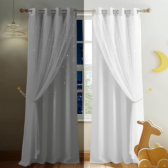 NICETOWN 84 inch Length Star and Moon Hollow-Out Window Curtains for Christams Gift/Kids Room, White Voile Overlay with Blackout Curtains for Nursery (Greyish White, 52" W per Panel, 2 Panels)