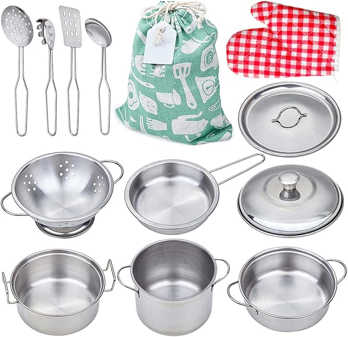 Play Pots and Pans Toys for Kids, Kitchen Playset Pretend Play Toys - Pretend Cookware Mini Stainless Steel Cooking Utensils Development Toys for Toddlers, Girls, Boys Ages 3 Years and up