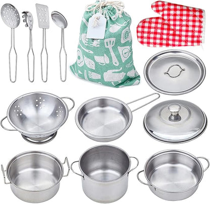 Play Pots and Pans Toys for Kids, Kitchen Playset Pretend Play Toys - Pretend Cookware Mini Stainless Steel Cooking Utensils Development Toys for Toddlers, Girls, Boys Ages 3 Years and up