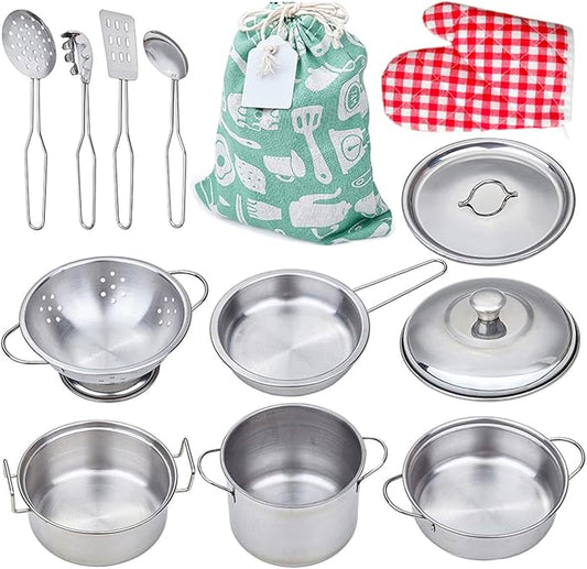 Play Pots and Pans Toys for Kids, Kitchen Playset Pretend Play Toys - Pretend Cookware Mini Stainless Steel Cooking Utensils Development Toys for Toddlers, Girls, Boys Ages 3 Years and up