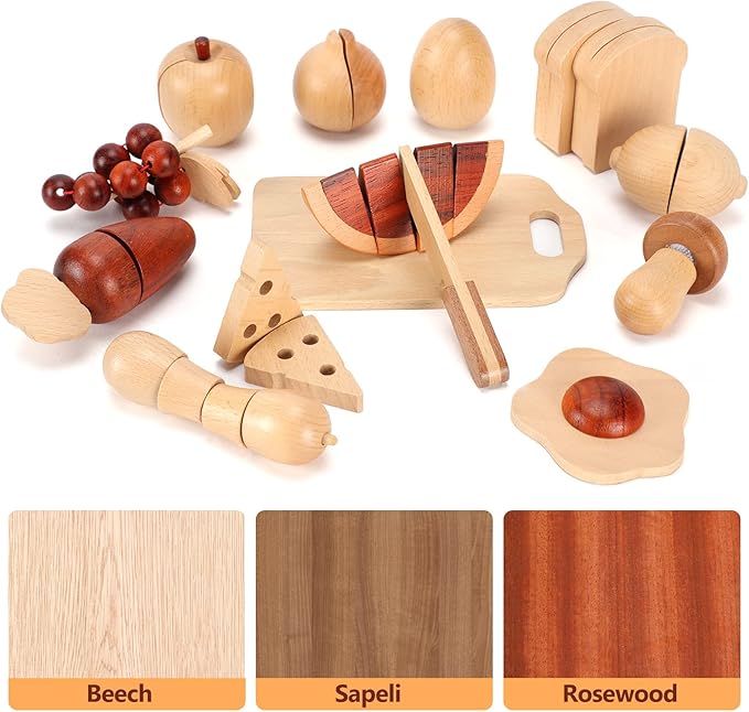 WHOHOLL Wooden Play Food, Toddler Cutting Play Food Sets for Kids Kitchen, Velcro Fake Food Fruit Toys for Pretend Play Kitchen, Montessori Toy Kitchen Accessories for Girls Boys Gifts