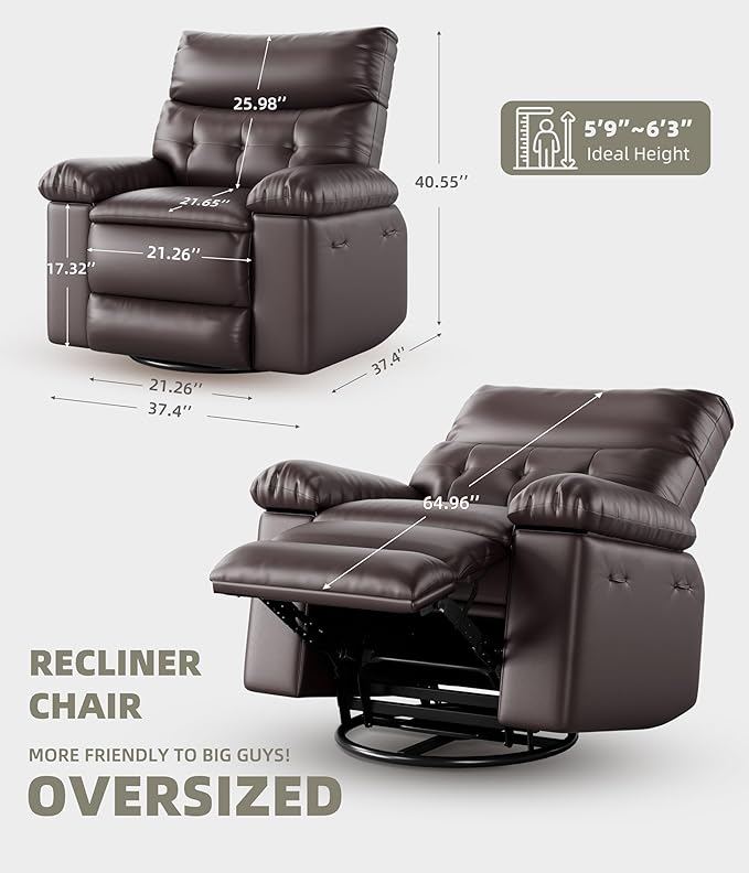 Electric Recliner Chair - 360° Rocker Swivel Recliner with Heat and Massage, PU Leather Large Recliner for Adults, Comfortable Lazy Chair with 1.5X Sponge Filling for Living Room