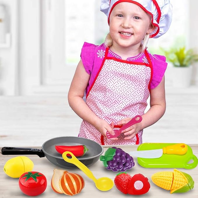 Play Cooking Pan with Cutting Fruits & Vegetables and Play Kitchen Utensils - Slice up Food with Knife & Cutting Board – Cooking Toyset for Toddlers Boys and Girls - Fake Food Pretend Pot Toy Kitchen