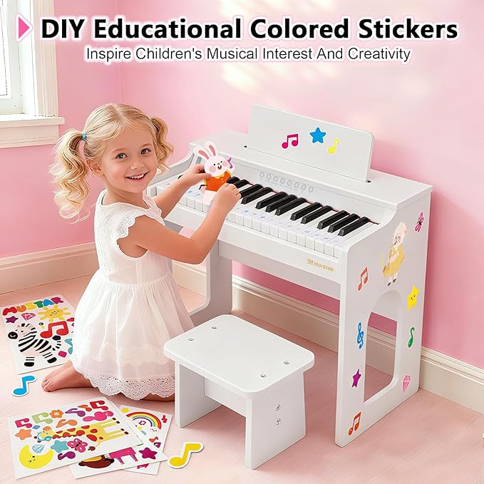 Kids Piano Keyboard, 37 Keys Wooden Digital Piano for Kids with Bench,Song Book, DIY Stickers, Cover, Education Creative Musical Instruments Toy for Boys & Grils Gifts