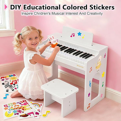 Kids Piano Keyboard, 37 Keys Wooden Digital Piano for Kids with Bench,Song Book, DIY Stickers, Cover, Education Creative Musical Instruments Toy for Boys & Grils Gifts