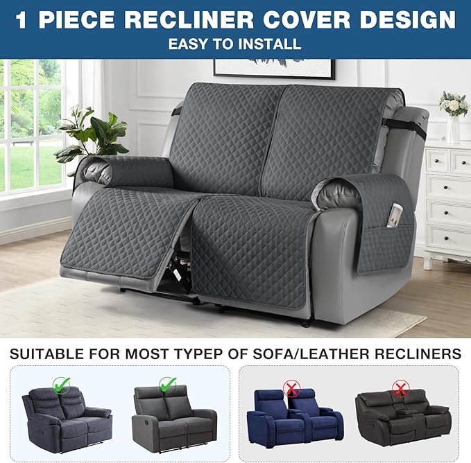TAOCOCO Waterproof Recliner Loveseat Cover Non-Slip Sofa Slipcover, Pet Couch Cover for Loveseat Recliner with Straps, Washable Reclining Loveseat Cover Furniture Protector (2 Seater, Charcoal Gray)