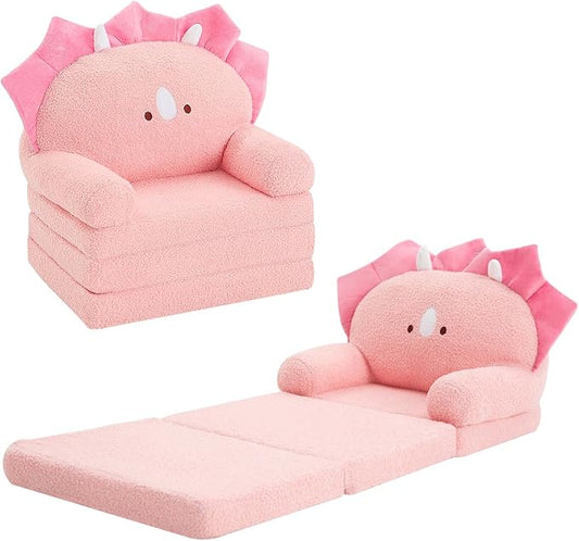 MOONBEEKI Comfy Toddler Chair, Kids Couch Fold Out to Lounger, Foldable Baby Sofa Plush for Girl and Boy Age 18 Months and Up （Pink Triceratops）