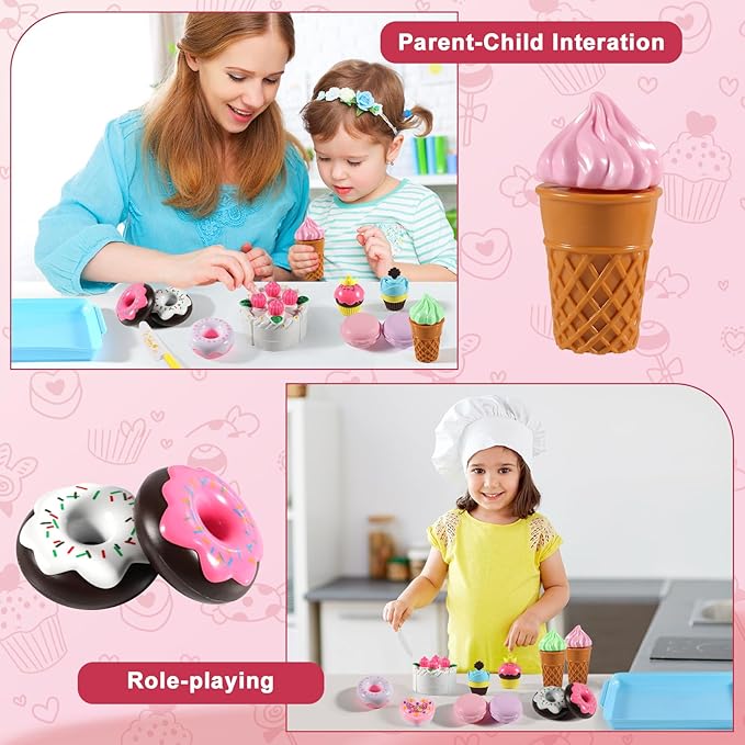 Play Food Sets for Kids Kitchen - Kitchen Accessories for Kids - Toy Food - Pretend Play Plastic Desserts Cake Ice Cream and Donuts - Educational Toy Gift for Toddler, Boys, Girls, Kids