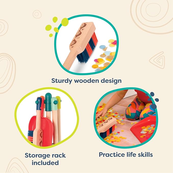 B. toys- Clean n' Play- Pretend Play Wooden Cleaning Set- Playset for Toddlers – Broom, Dustpan, Brush- 2 Years +