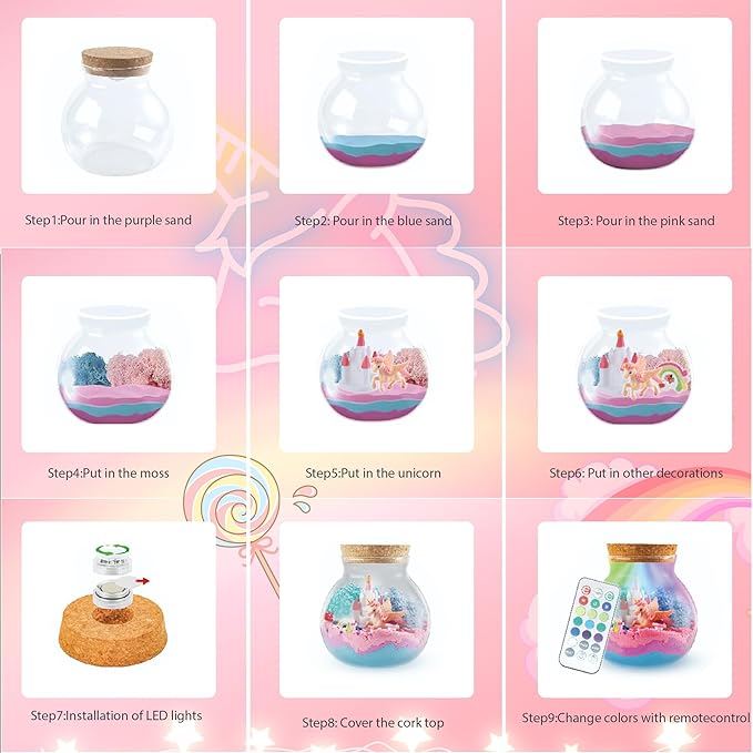 Unicorn Light-Up Terrarium Kit for Kids - LED Night Light Birthday Gift for Girls Ages 5 6 7 8 9 10 11 12 Year Old - Unicorn DIY Arts and Crafts Kit for Kids - Best Christmas Gifts for Girls