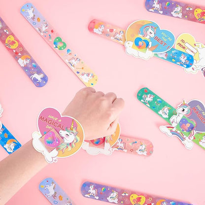 WERNNSAI 24 Pack Unicorn Valentine Cards with Unicorn Slap Bracelet for Kids Unicorn Party Favor Rainbow Unicorn Slap Wristbands for Classroom Baby Shower Party Exchange Greeting Cards Gift