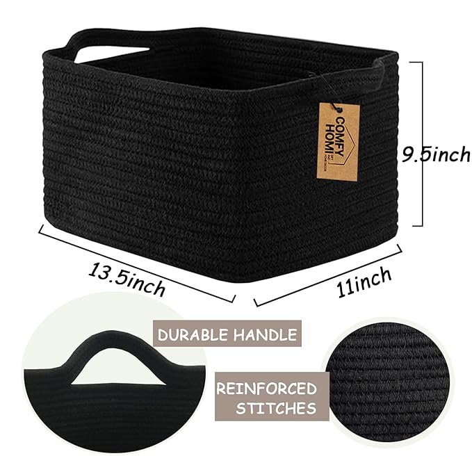 COMFY-HOMI 3PACK Cotton Rope Woven Basket With Handles for Shelves, Toy, Book, Cloth Storage Basket for Organizing|13.5" x 11" x 9.5" For Living Room（all Black）