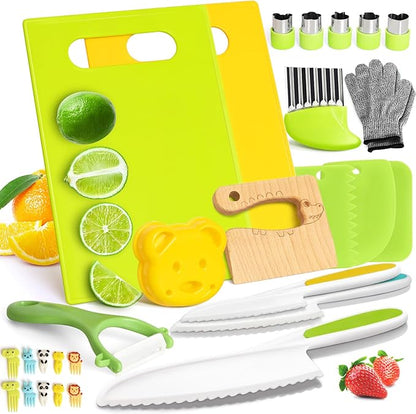 28PCS Toddler Knife Set - Kids Knifes for Real Cooking, Montessori Kids Kitchen Knife Set with Cutting Board Crinkle Cutters Kid Safe Knives, Toddlers Kitchen Tools for Age 2-10 Year Old Girl Boy