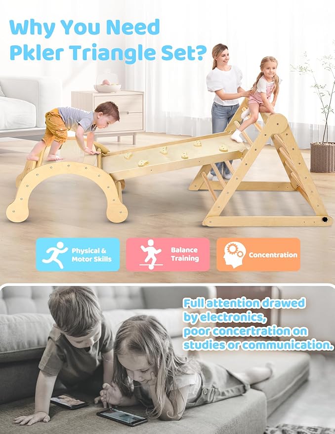 YOLEO Large Pikler Triangle Set, Wooden Toddler Climbing Toys Indoor with Safer Sturdy Base, Montessori Pikler Triangle Climbing Set for Kids' Indoor Climber & Playground & Jungle Gym (Natural)