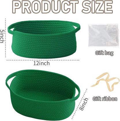 JMvicyroam Woven Basket,Small Rope Storage Bin with Handles & Ribbon Bag, Organizer for Shelves Closets,Gift Basket Empty for Birthday,Books,Dog Toys, Green