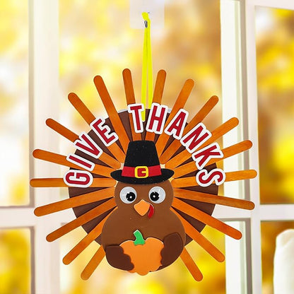 Winlyn 12 Sets Thanksgiving Wreath Signs Decorations Art Sets DIY Give Thanks Thanksgiving Craft Kits Fall Crafts Wood Craft Sticks Turkey Foam Stickers Googly Eyes for Kids Party Classroom Activities