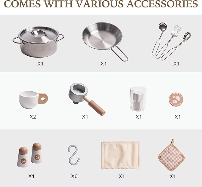 ROBUD Play Kitchen for Kids, Wooden Play Kitchen Set with Plenty of Realistic Play Features, Toy Kitchen with Ice Maker, Coffee Machine, Oven, Cabinet, Microwave, Utensils, Gift for Ages 3+, White