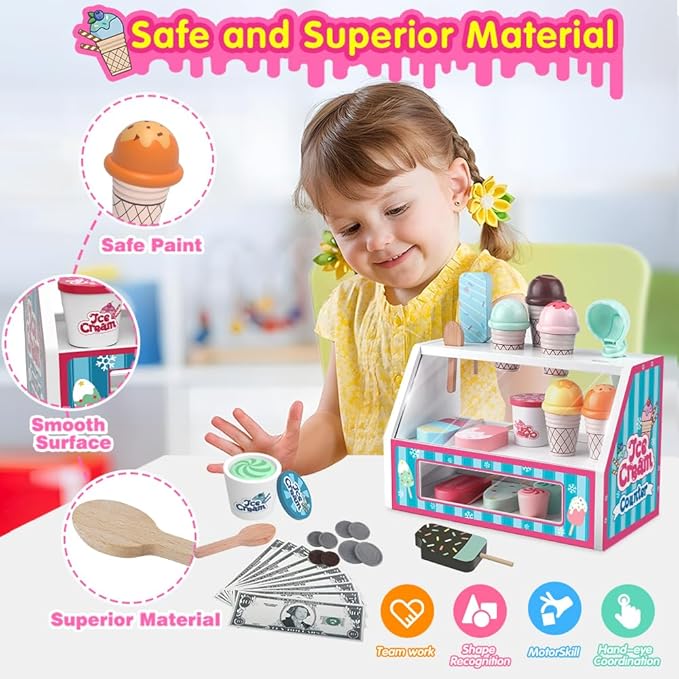 Ice Cream Toys, Wooden Ice Cream Play Set, Pretend Play Toys, 47 Pcs Wooden Play Kitchen Accessories with Menu & Scoop & Menu & Fake Money, Ice Cream Toys for Toddlers 3 4 5 6 Girls Boys Birthday