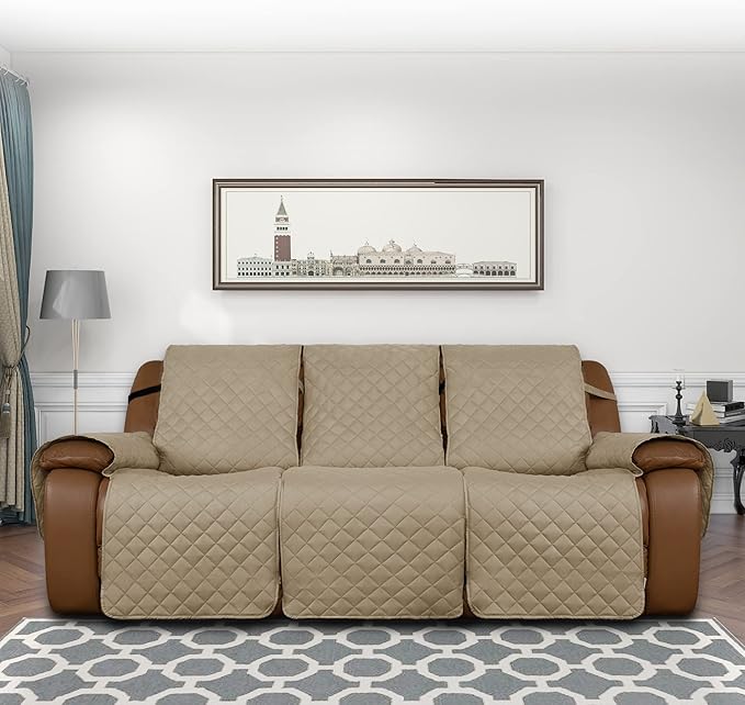 Easy-Going Oversized Recliner Sofa Cover, Reversible Couch Cover for 3 Seat Recliner, Split Sofa Cover for Each Seat with Elastic Straps for Kids, Dogs, Pets (3 Seater, Beige/Beige)