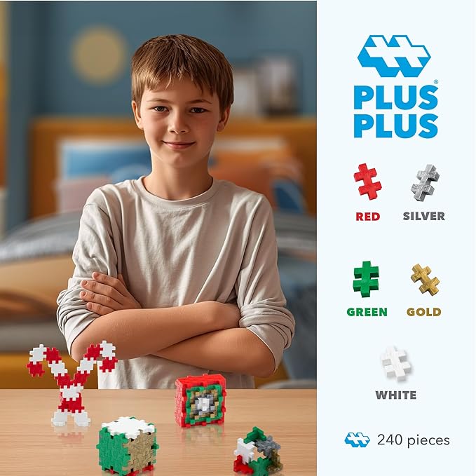 PLUS PLUS 240 Piece Interlocking Building Blocks for Kids, Open Ended Connecting Toys, STEM Bin Classroom Mini Manipulatives - Holiday Mix Play Tube