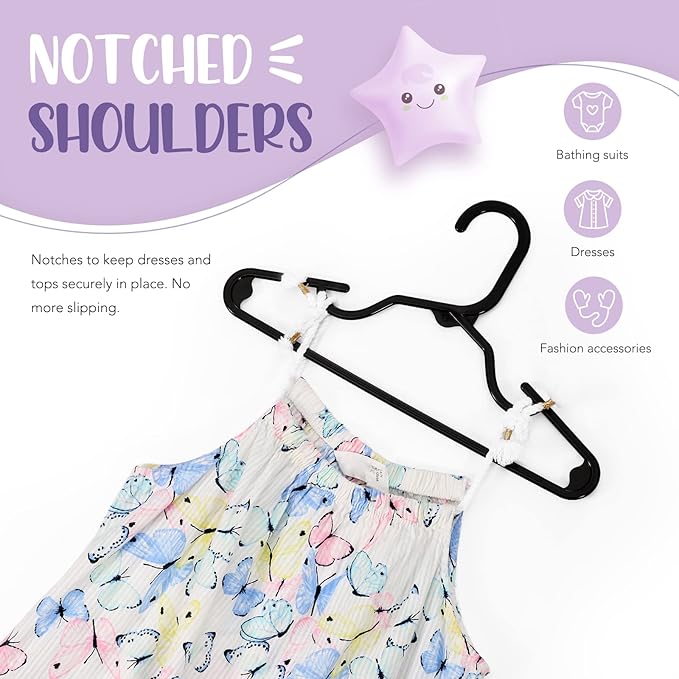 HOUSE DAY Plastic Baby Hangers for Closet 60 Pack, Durable Plastic Kids Hangers for Baby Clothes, Thin & Compact Childrens Hangers, Space Saving Black Baby Hangers, Small Hangers for Kids Clothes