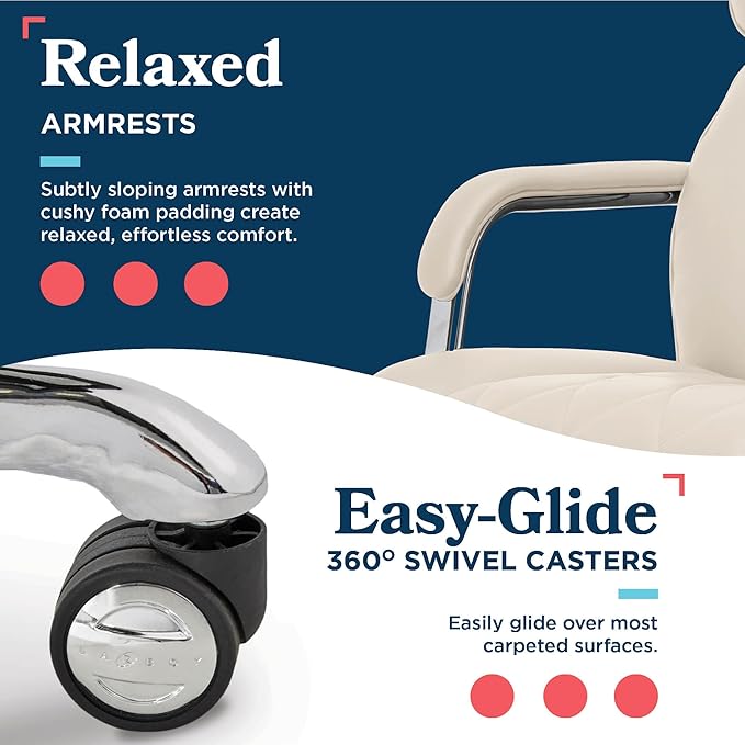 La-Z-Boy Sutherland Quilted Leather Executive Office Chair with Padded Arms, High Back Ergonomic Desk Chair with Lumbar Support, Ivory White Bonded Leather