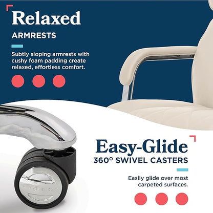 La-Z-Boy Sutherland Quilted Leather Executive Office Chair with Padded Arms, High Back Ergonomic Desk Chair with Lumbar Support, Ivory White Bonded Leather