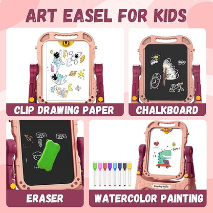 Art Easel for Kids with Magnetic Drawing Board, Double Sided Easel with Magnetic Letters & Numbers Easel, Adjustable Standing Easel for Toddler, Creative Play for Kids (Pink)
