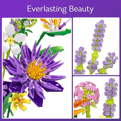 BIGEARN Flower Building Toy Set for Adults, 891 PCS Bouquet Building Set with 13 Unique Stems for Home Decor, Ideal Gift for Any Occasion